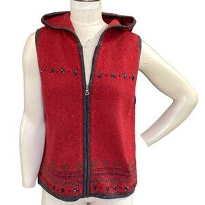 Woolrich Beaded Nordic Hooded Zip Vest Lambswool Blend M Red 33R